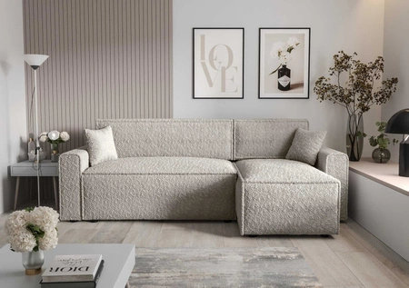 Ecksofa mit Schlaffunktion Brandon Bis creme rechts weicher Stoff mit charakteristischer Schlingenoberfläche Bettzeugbehälter