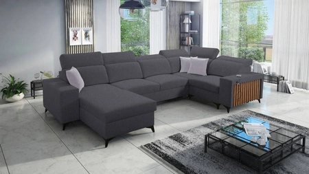 Ecksofa mit Schlaffunktion Kelly IV graphit links geflochten bequemes Ecksofa verstellbare Kopfstützen seitlich mit Latten verkleidet