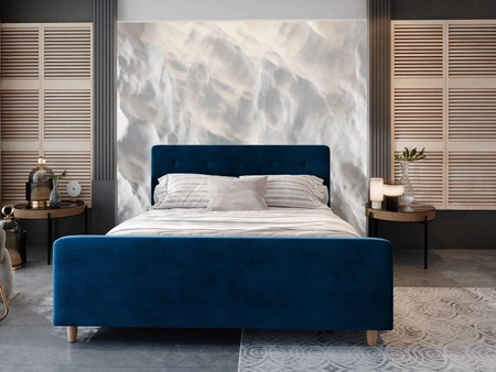 Polsterbett Isara 160x200 marineblau mit Stauraum im modernen skandinavischen Stil mit einem markanten Kopf- und Fußteil