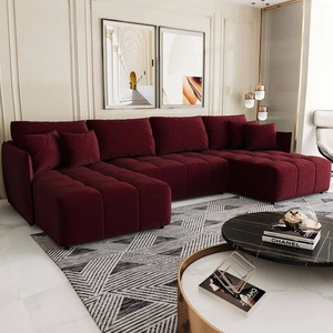 Ecksofa mit Schlaffunktion Oroso U burgunderfarbener Bettkasten weicher Samtstoff mit hydrophober Beschichtung dekorative Steppung