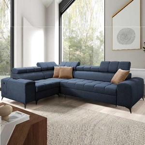 Ecksofa mit Schlaffunktion Bolmso II blau links Ecksofa mit Bettzeugcontainer Vollauszug in der Seite des Möbels