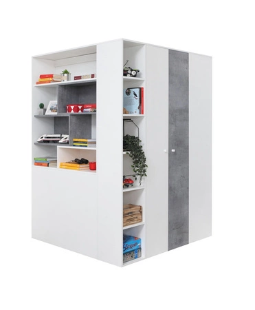 Epsilon Eck-Kleiderschrank weiß / Beton ideal als Dienstprogramm und geräumigen Kleiderschrank mit Schubladen und Regalen