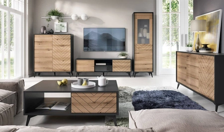Möbelset Gusto Schwarz / Eiche Evoke Modernes Design funktionale Möbel für das Wohnzimmer oder das Tageszimmer Wandschrank mit dekorativem Fichtendekor
