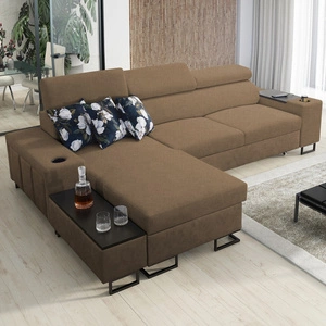 Ecksofa mit Schlaffunktion Flavio hellbraun links bequemes elegantes Ecksofa mit einer seitlich zu öffnenden Verlängerungsstange