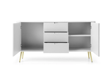 Zoya 168 cm Schubladenkommode weiß elegantes Design oval geformt solide Metall goldene Beine geschmackvoll geriffelte Front