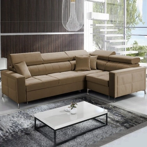 Nausa II Ecksofa mit Schlaffunktion hellbraun rechtsseitig Samt Ziernähte auf der Sitzfläche Ecksofa mit Bettzeugcontainer