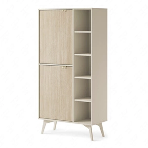 Bücherregal Wald 80 cm beige/beige Fischgrätenmuster Skandinavisches Design stabiles hohes Beine Bücherregal mit Türen für Wohnzimmer geschmackvolles Fischgrätenmuster