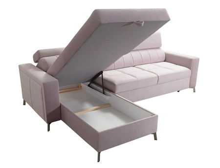 Nausa Ecksofa mit Schlaffunktion marineblau links Samt stilvolles bequemes Ecksofa verstellbare Kopfstützen Bettzeug Container