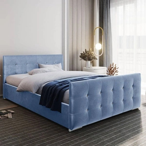 Polsterbett Alford 140x200 blau mit Staukasten im modernen skandinavischen Stil mit gestepptem Kopf- und Fußteil mit Kristallen besetzt