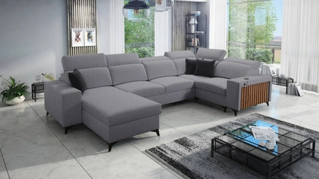 Ecksofa mit Schlaffunktion Kelly IV grau links geflochten bequemes Ecksofa verstellbare Kopfstützen seitlich mit Latten verkleidet