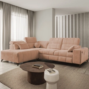 Ecksofa mit Schlaffunktion Penejos VII salmon links stilvolles Ecksofa mit Bettzeugablage komfortable verstellbare Kopfstützen