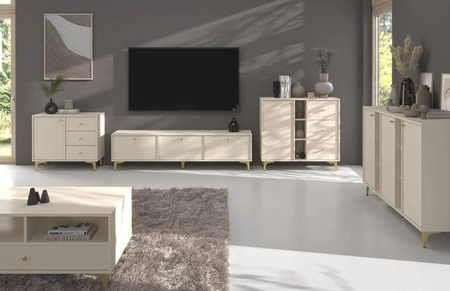 Schubladenkommode Kioto I 84 cm beige modernes Design dezente goldene Griffe Metallsockel ideale Kommode für Wohnzimmer