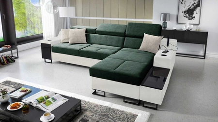 Ecksofa mit Schlaffunktion Alcamo grün/weiß rechts elegantes und stilvolles Ecksofa mit einer ausziehbaren praktischen Schublade an der Seite des Möbels