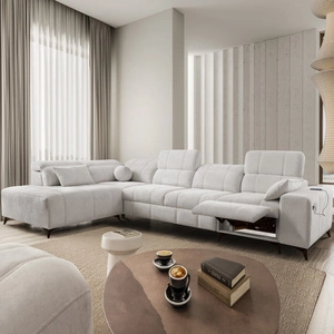 Ecksofa mit Schlaffunktion Penejos XI Lux grau Esche links stilvolles Ecksofa mit bequemer ausziehbarer Fußstütze