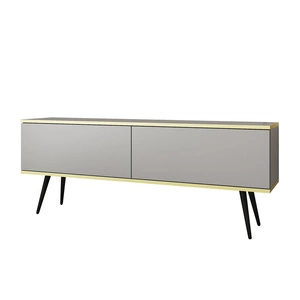 TV-Schrank Luxury 135 cm Korpus in grauem, elegantem Design mit goldener Zierleiste Schrank auf schwarzen Metallbeinen