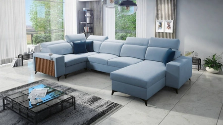 Ecksofa mit Schlaffunktion Kelly IV blau rechts Samt bequemes Ecksofa verstellbare Kopfstützen seitlich mit Lamellen eingefasst