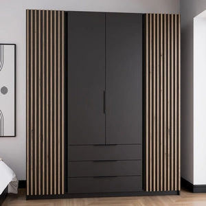 Kleiderschrank Kastano IV 200 cm schwarz modernes Design Kleiderschranktür verziert mit Eiche evoke Lamellen Metallkante Griffe