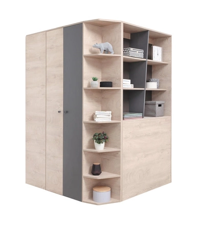 Eck kleiderschrank Dzeta Eiche / anthrazit ideal als Dienstprogramm und geräumigen Kleiderschrank mit Schubladen und Regalen