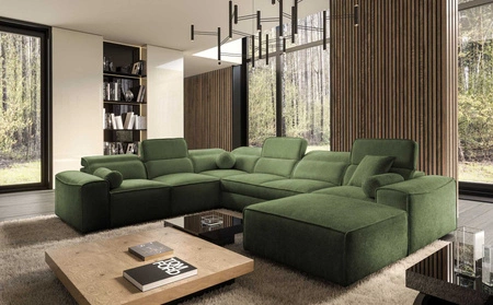 Ecksofa mit Schlaffunktion Viano VIII grün rechts modernes Ecksofa mit interessantem Design Bettzeugcontainer