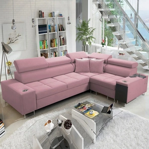 Ecksofa mit Schlaffunktion Dafni II Indischer rosa Samt rechtes Ecksofa mit Bettzeugstauraum Vollauszug