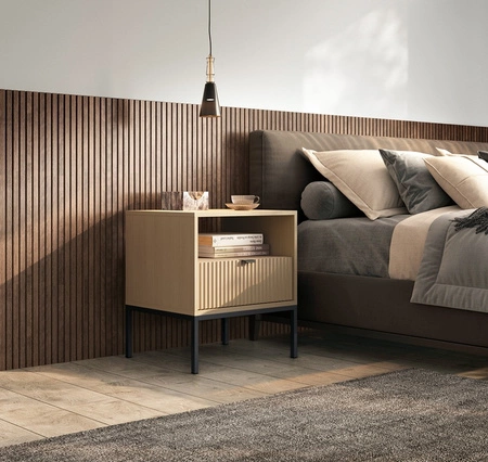 Nachttisch mit Schublade Lovro Eiche Vicenza Eiche geschmackvoll geriffelt Dekor ideal Schlafzimmer Schrank Metall hohe Beine