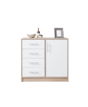 Kommode mit Schubladen Caspe 90 cm helle Eiche sonoma / weiß modernes Möbeldesign Kommodenkante mit speziellem ABS-Furnier verarbeitet