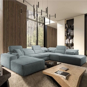 Ecksofa mit Schlaffunktion Viano X grau blau linke Seite Designer Ecksofa für Wohnzimmer im modernen Stil verstellbare Kopfstützen