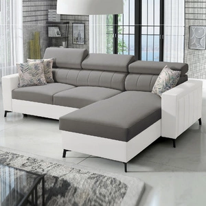 Ecksofa mit Schlaffunktion Savona grau / weiß rechts elegantes Ecksofa mit verstellbaren Kopfstützen Ziernähte