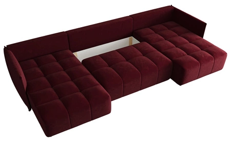 Ecksofa mit Schlaffunktion Oroso U burgunderfarbener Bettkasten weicher Samtstoff mit hydrophober Beschichtung dekorative Steppung