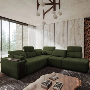 Ecksofa mit Schlaffunktion Tesalia IX grün rechte Seite modernes Design komfortable Schiebelehne Schublade in der Seite des Möbels