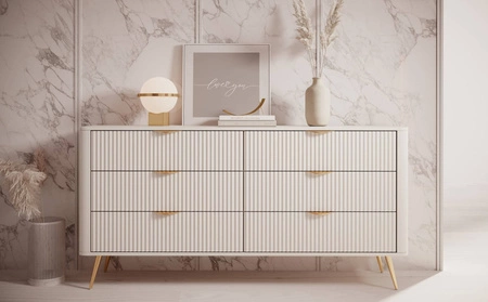 Kommode Lante 163 cm beige elegantes Design ovale Form der Kommode auf hohen Beinen geschmackvoll geriffelte Front gesetzt