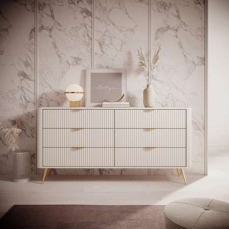 Kommode Lante 163 cm beige elegantes Design ovale Form der Kommode auf hohen Beinen geschmackvoll geriffelte Front gesetzt