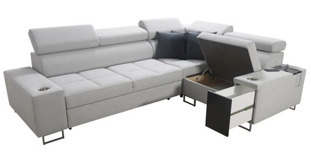 Ecksofa mit Schlaffunktion Dafni II Esche grau / weiß rechtwinklig geflochtenes Ecksofa mit Bettzeugschublade in der Seitenwand