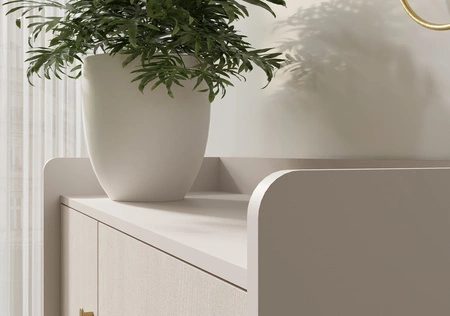 Ferdi-Möbel-Set beige sand minimalistisches Design Wandschränke für Wohnzimmer Gold Griffe Karkassen überhängende die Linie der Tischplatten