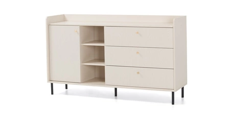 Kommode Ferdi 154 cm sandbeige elegante Kommode für das Wohnzimmer mit goldenen Metallgriffen hohe Ränder der Oberseite