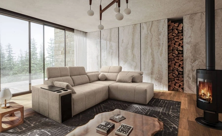 Ecksofa mit Schlaffunktion Tesalia VII beige rechte Ecke modernes Design komfortable Schiebelehne Schublade in der Seite des Möbels