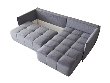 Ecksofa mit Schlaffunktion Oroso blau rechte Ecke weicher Samtstoff mit hydrophober Beschichtung Leinencontainer
