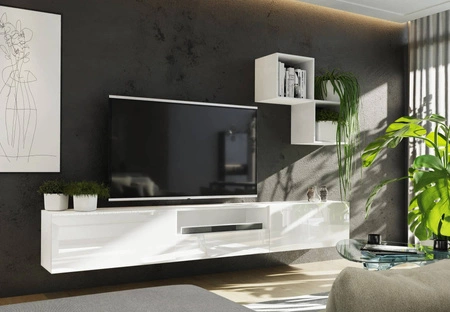 Mistra weiß / weiß glänzend universelle und stilvolle Schrankwand für das Wohnzimmer minimalistisches Design in einer modernen Umgebung