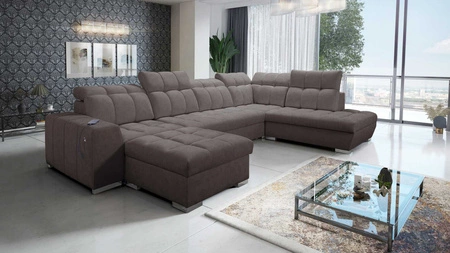 Ecksofa mit Schlaffunktion Luigi VI braun linksseitig stilvolles Ecksofa mit Bettzeugcontainern in weichem Stoff bezogen