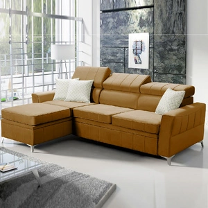 Ecksofa mit Schlaffunktion Rava Honig links Samt komfortables und funktionelles Ecksofa mit verstellbaren Kopfstützen