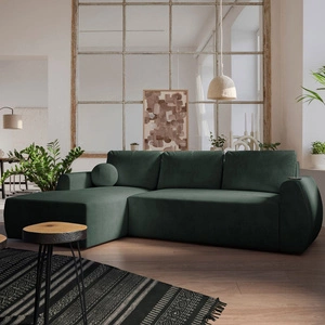 Ecksofa mit Schlaffunktion Colio grün linke Seite stilvolles Ecksofa mit interessanter Form Veloursstoff Zierkissen Ball