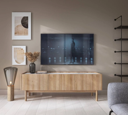 TV-Schrank Boho 144 cm Eiche Riviera / Marmorbianco Außergewöhnliches Design dekorative Marmorböden universelle Farbkombination