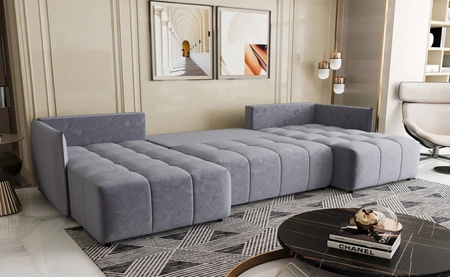 Ecksofa mit Schlaffunktion Oroso U blau Leinencontainer weicher Samtstoff mit hydrophober Beschichtung dekorative Steppung