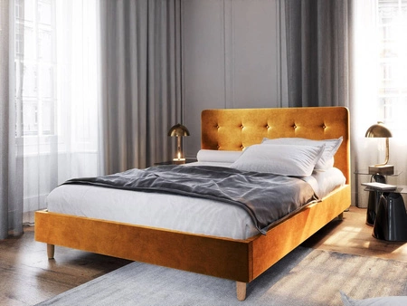 Polsterbett Noiro 180x200 senf mit Container im modernen skandinavischen Stil mit markantem Kopfteil