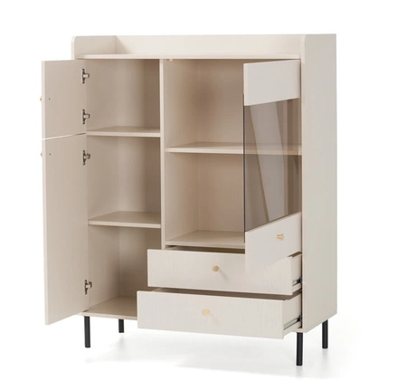 Kommode Ferdi 104 cm beige sand minimalistisches Design hohe Kommode ideal für Esszimmer teilweise verglaste Front
