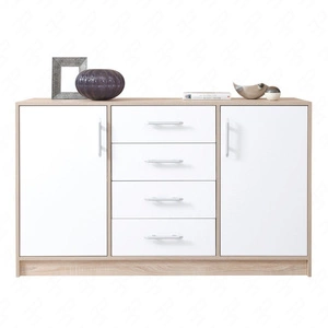 Kommode mit Schubladen Caspe 140 cm helle Sonoma-Eiche / weiß modernes Möbeldesign Kommodenkante mit speziellem ABS-Furnier verarbeitet
