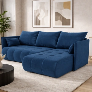 Ecksofa mit Schlaffunktion Selva dunkelblau universal seite Ecksofa mit Bettzeugstauraum aus komfortablem Plüschstoff