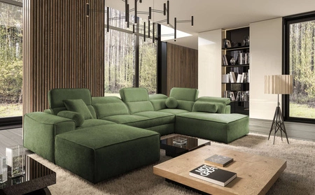 Ecksofa mit Schlaffunktion Viano VI grün links Design-Ecksofa für moderne Einrichtungen zwei Container für Bettzeug