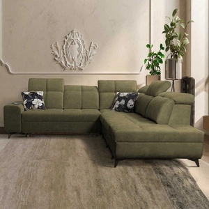 Ecksofa mit Schlaffunktion Buffalo IX olivgrün rechts stilvolles Ecksofa für Zimmer aus Velourstoff Zierkissen