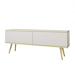 TV Schrank Luxury 135 cm weißer eleganter Design-Korpus mit goldener Zierleiste Schrank auf goldenen Metallbeinen